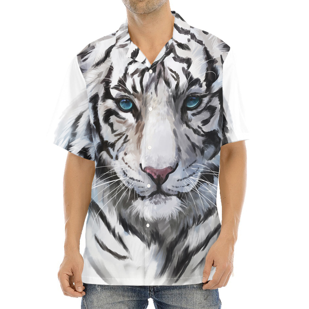 Watercolor White Bengal Tiger Print Aloha Shirt