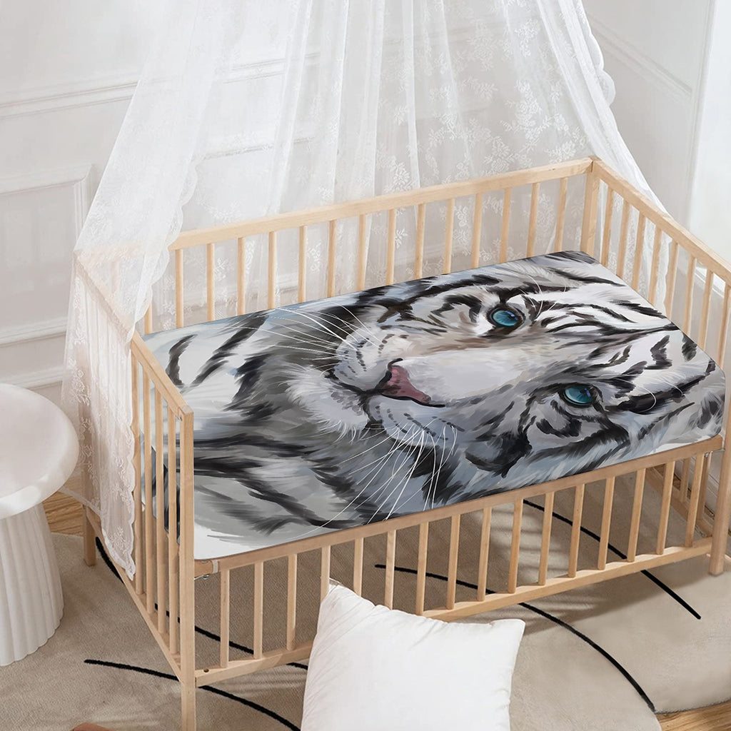 Watercolor White Bengal Tiger Print Baby Crib Sheet