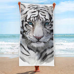 Watercolor White Bengal Tiger Print Beach Towel