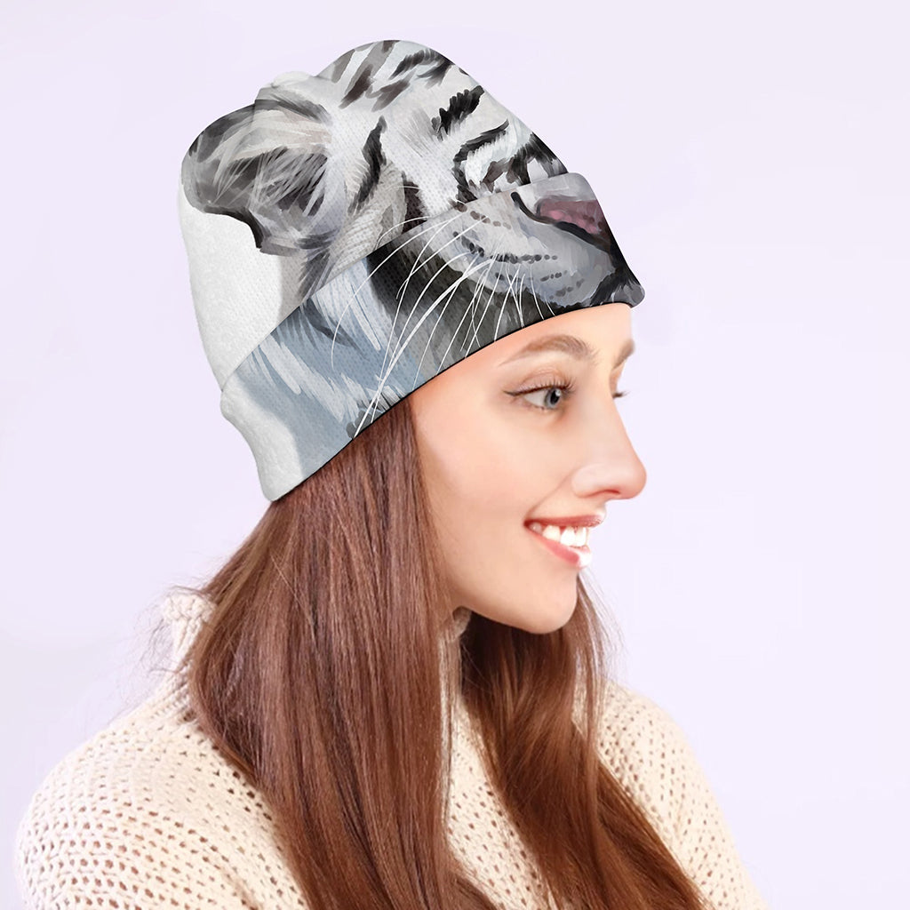 Watercolor White Bengal Tiger Print Beanie