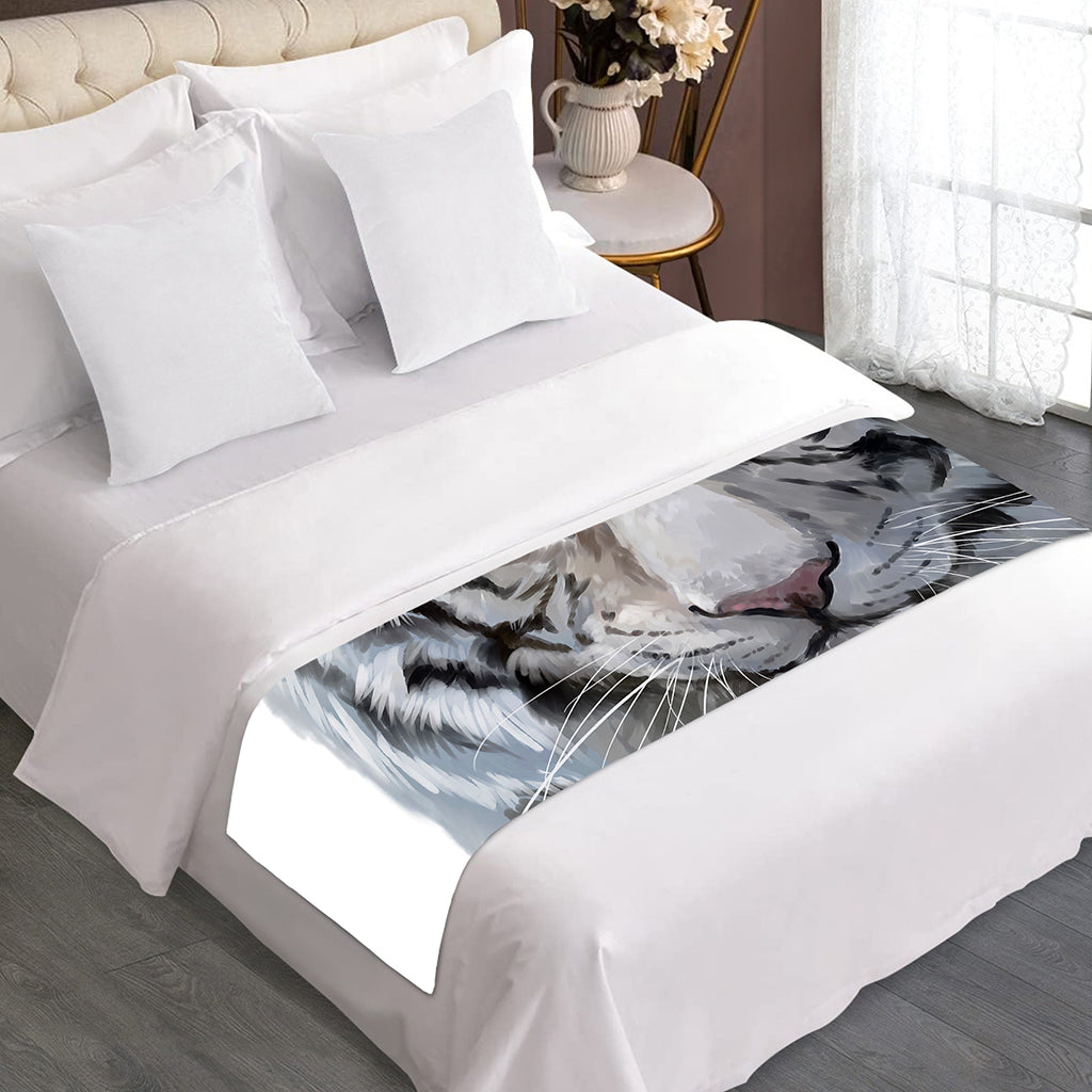 Watercolor White Bengal Tiger Print Bed Runner