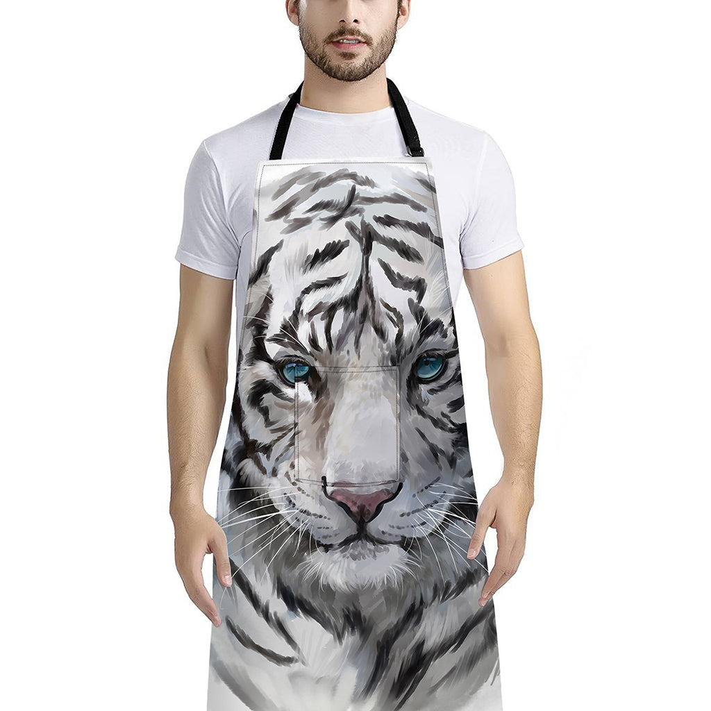 Watercolor White Bengal Tiger Print Bib Apron With Pocket