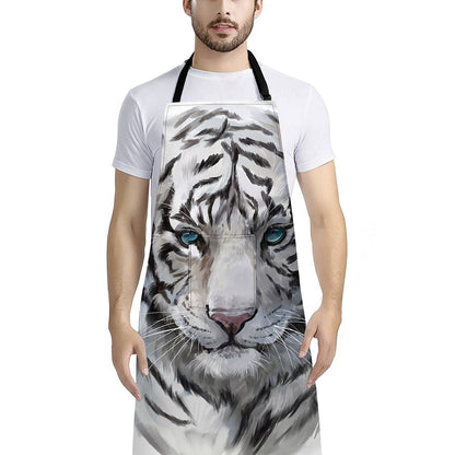 Watercolor White Bengal Tiger Print Bib Apron With Pocket