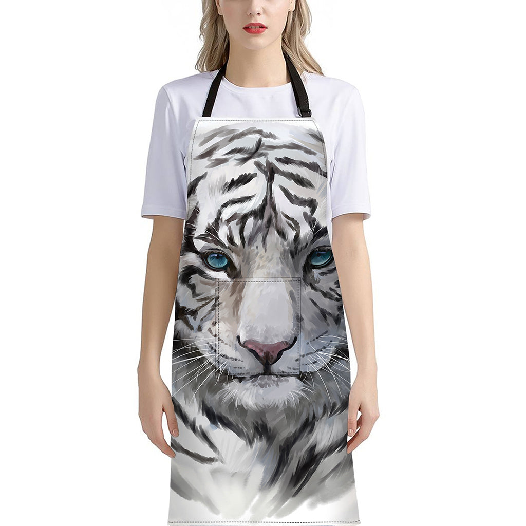 Watercolor White Bengal Tiger Print Bib Apron With Pocket