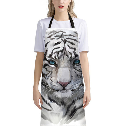 Watercolor White Bengal Tiger Print Bib Apron With Pocket