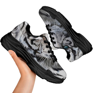 Watercolor White Bengal Tiger Print Black Chunky Shoes