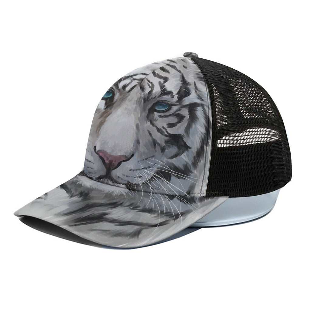 Watercolor White Bengal Tiger Print Black Mesh Trucker Cap