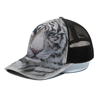 Watercolor White Bengal Tiger Print Black Mesh Trucker Cap