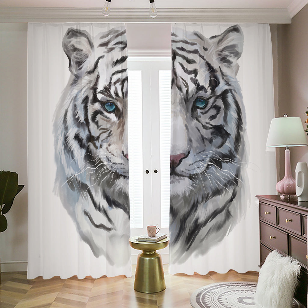 Watercolor White Bengal Tiger Print Blackout Pencil Pleat Curtains