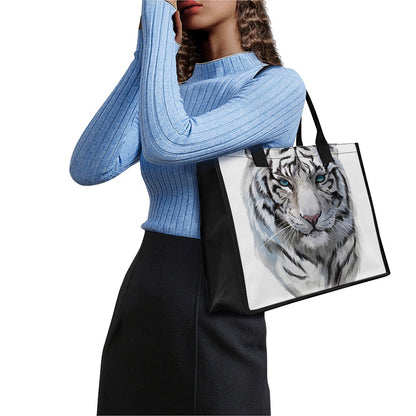 Watercolor White Bengal Tiger Print Canvas Tote Bag