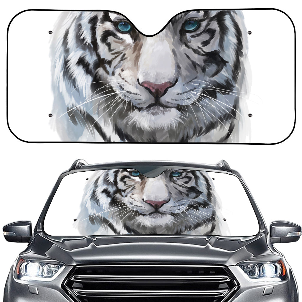 Watercolor White Bengal Tiger Print Car Windshield Sun Shade