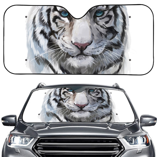 Watercolor White Bengal Tiger Print Car Windshield Sun Shade