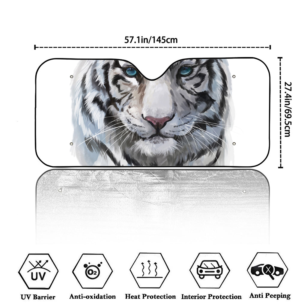 Watercolor White Bengal Tiger Print Car Windshield Sun Shade