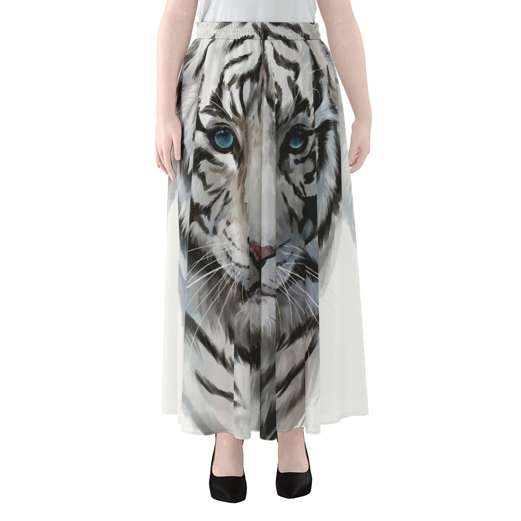 Watercolor White Bengal Tiger Print Chiffon Maxi Skirt