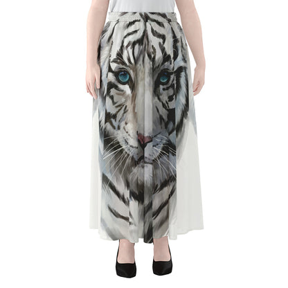 Watercolor White Bengal Tiger Print Chiffon Maxi Skirt