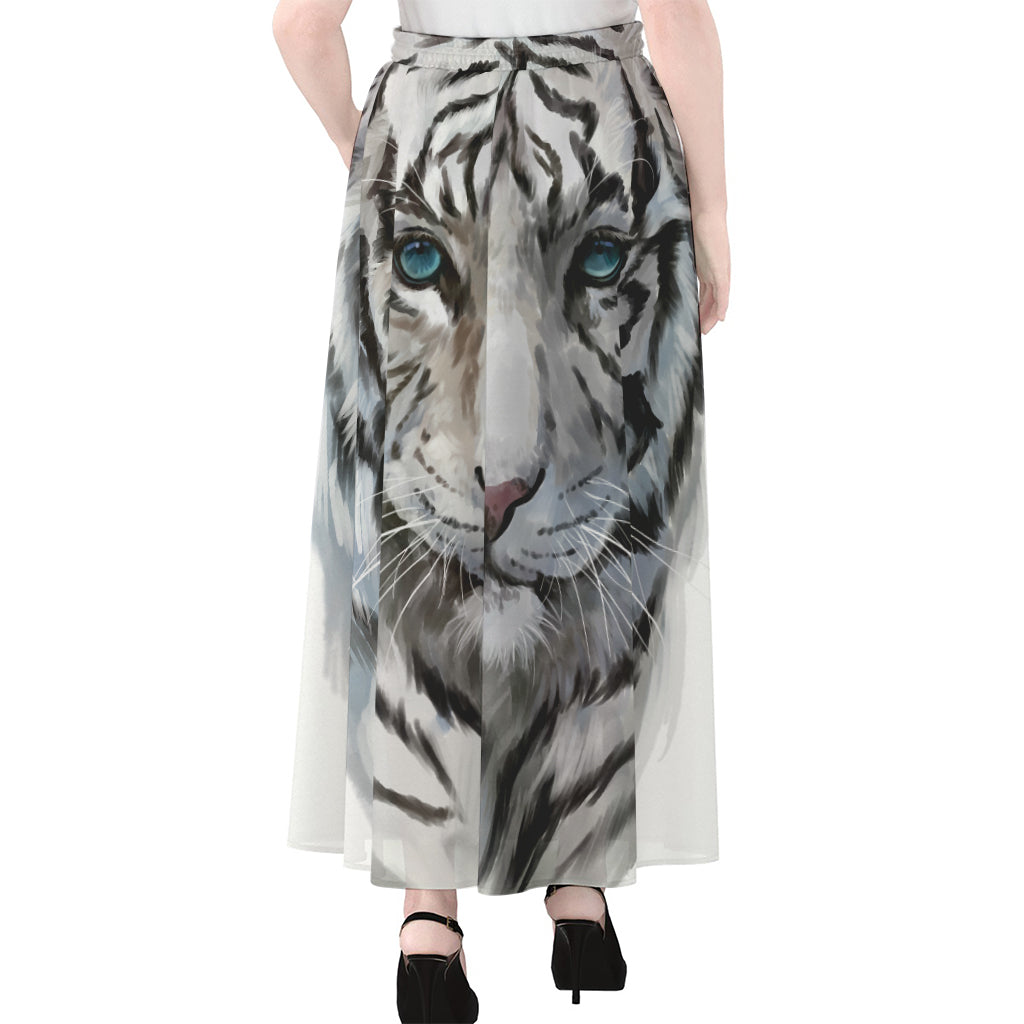 Watercolor White Bengal Tiger Print Chiffon Maxi Skirt