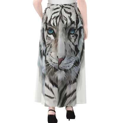 Watercolor White Bengal Tiger Print Chiffon Maxi Skirt