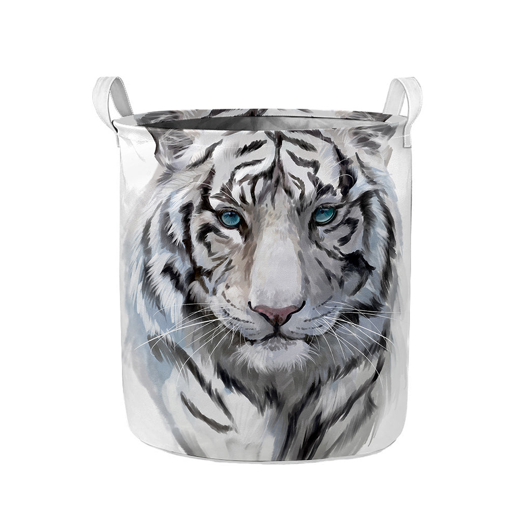 Watercolor White Bengal Tiger Print Collapsible Laundry Basket