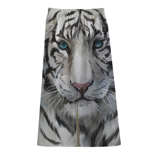 Watercolor White Bengal Tiger Print Cotton Front Slit Maxi Skirt