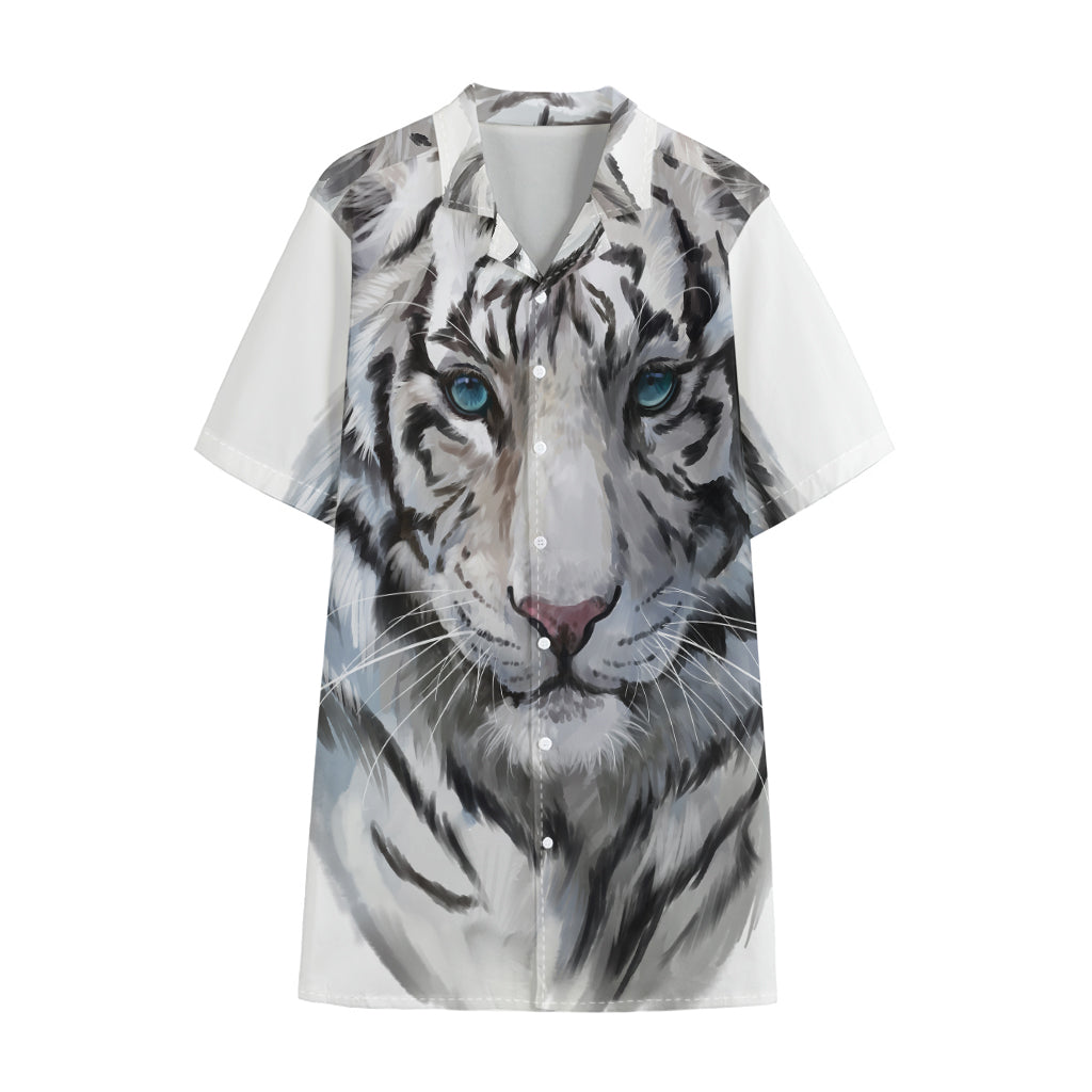 Watercolor White Bengal Tiger Print Cotton Hawaiian Shirt
