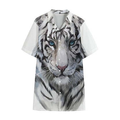 Watercolor White Bengal Tiger Print Cotton Hawaiian Shirt