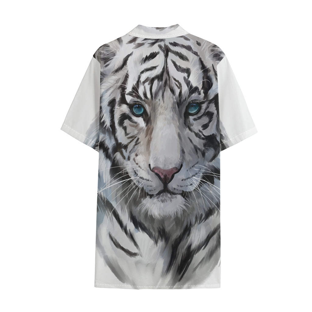 Watercolor White Bengal Tiger Print Cotton Hawaiian Shirt