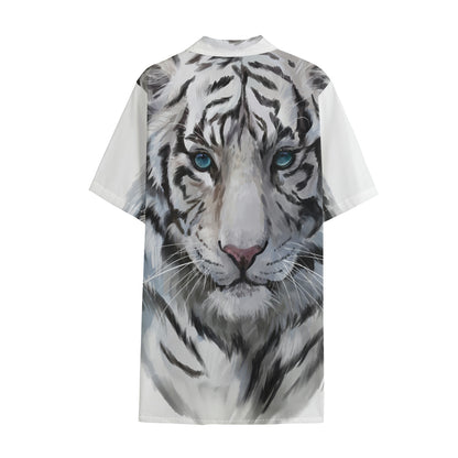 Watercolor White Bengal Tiger Print Cotton Hawaiian Shirt