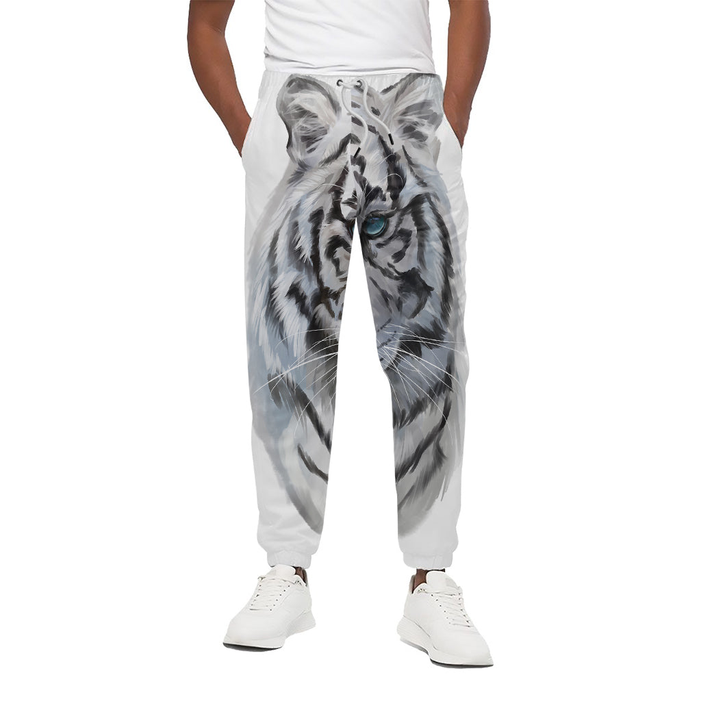 Watercolor White Bengal Tiger Print Cotton Pants