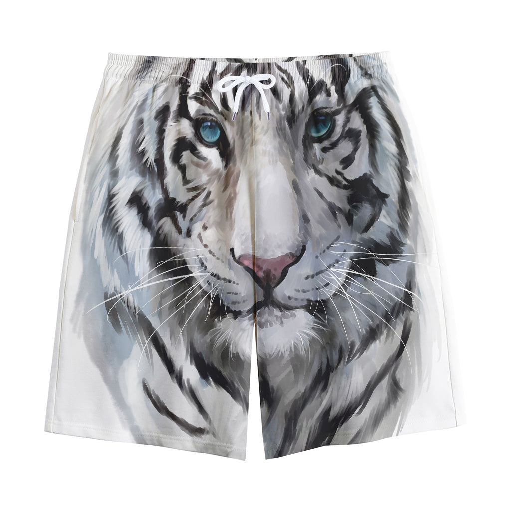 Watercolor White Bengal Tiger Print Cotton Shorts