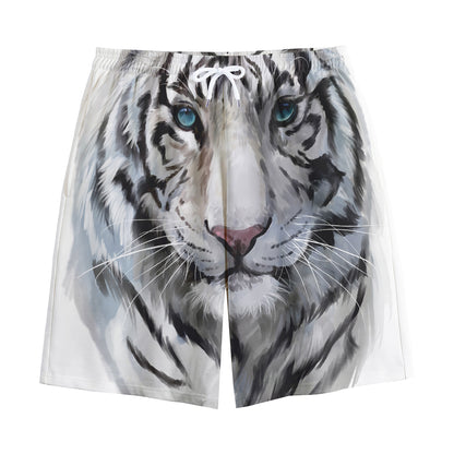 Watercolor White Bengal Tiger Print Cotton Shorts