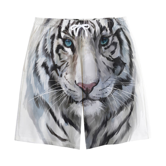 Watercolor White Bengal Tiger Print Cotton Shorts