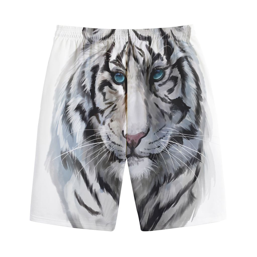 Watercolor White Bengal Tiger Print Cotton Shorts