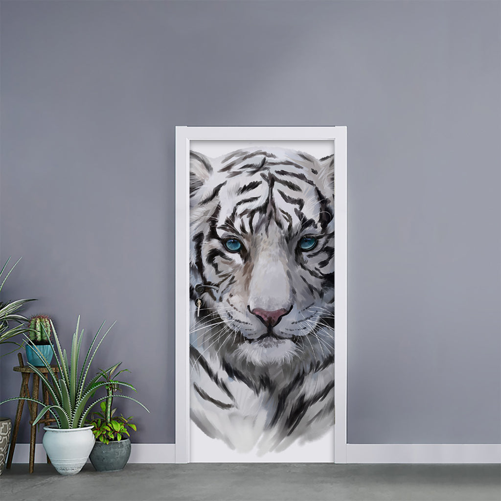 Watercolor White Bengal Tiger Print Door Sticker