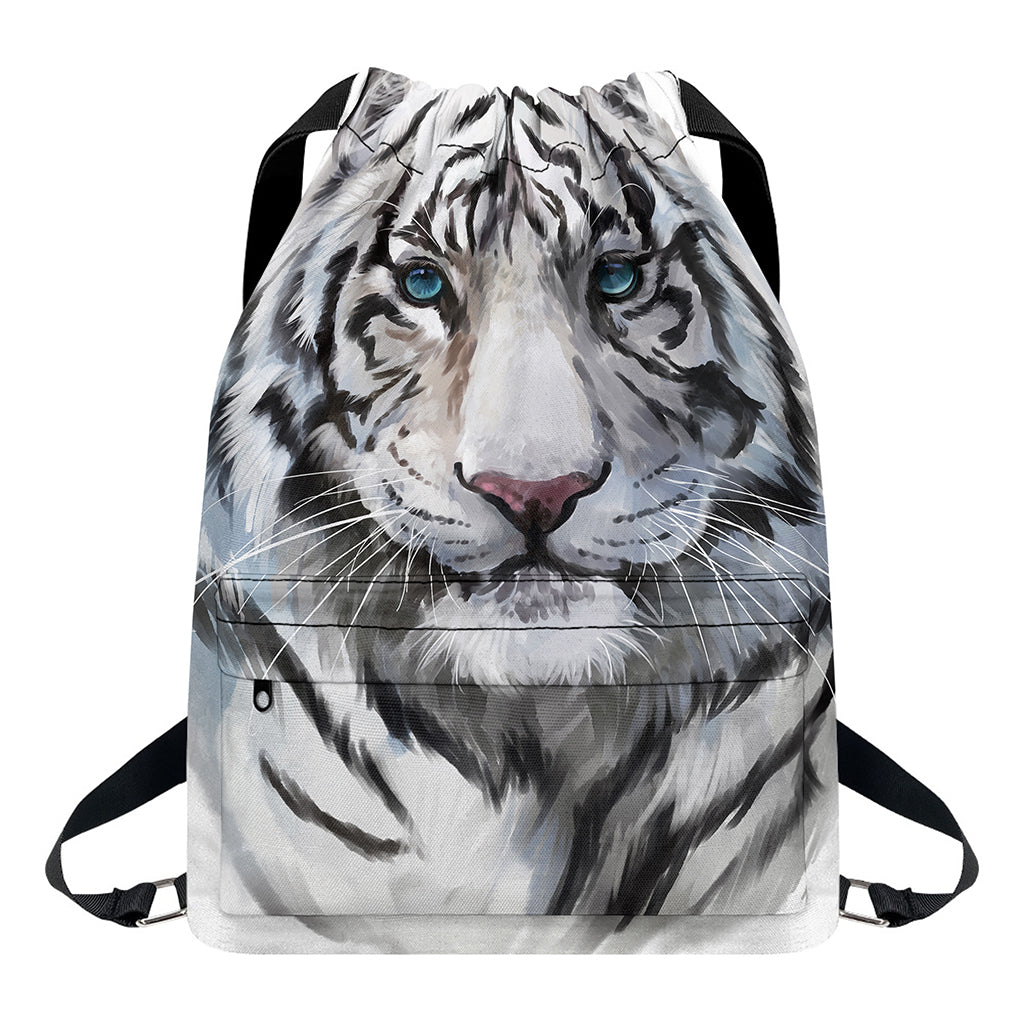 Watercolor White Bengal Tiger Print Drawstring Backpack