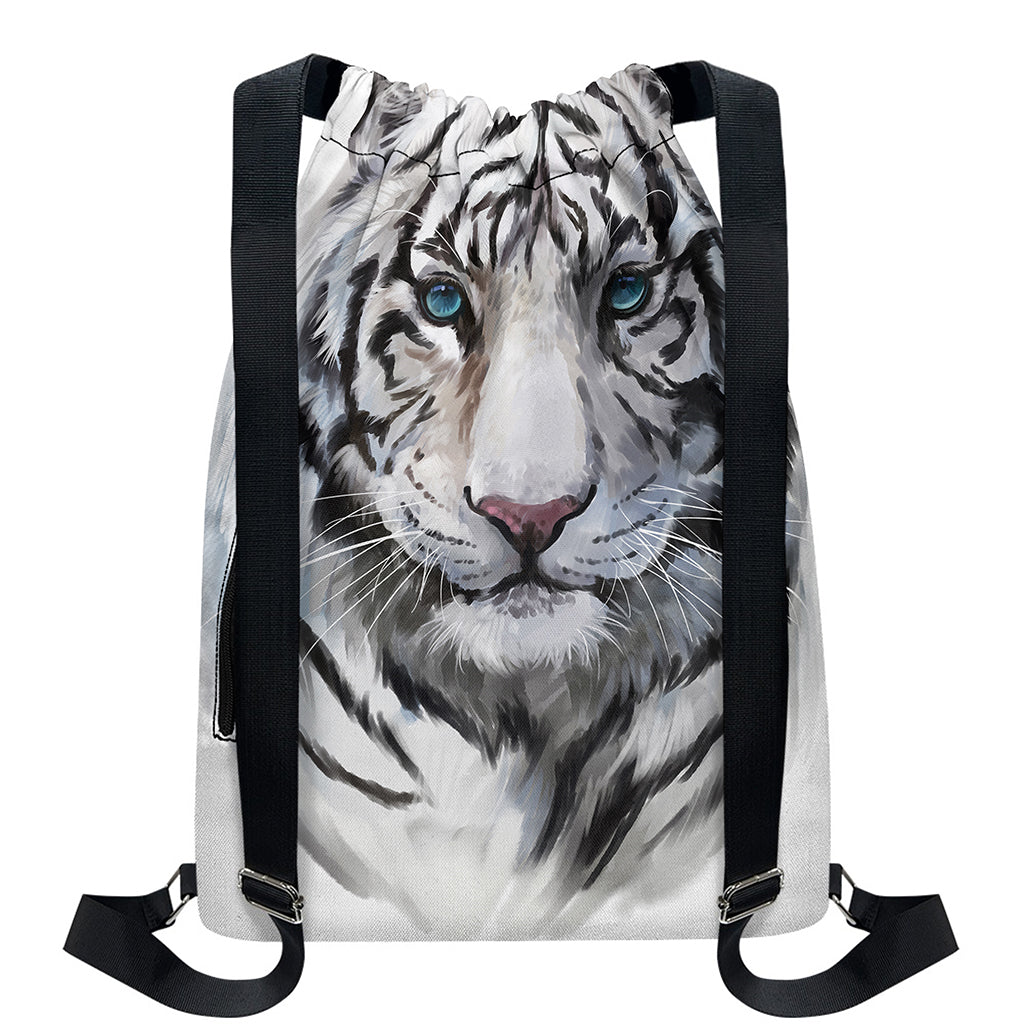 Watercolor White Bengal Tiger Print Drawstring Backpack