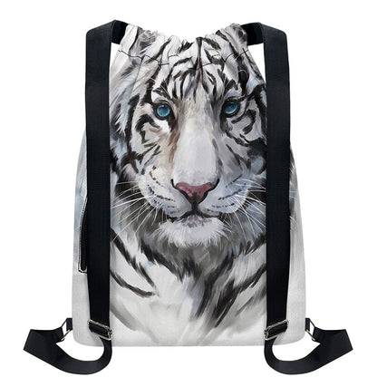 Watercolor White Bengal Tiger Print Drawstring Backpack
