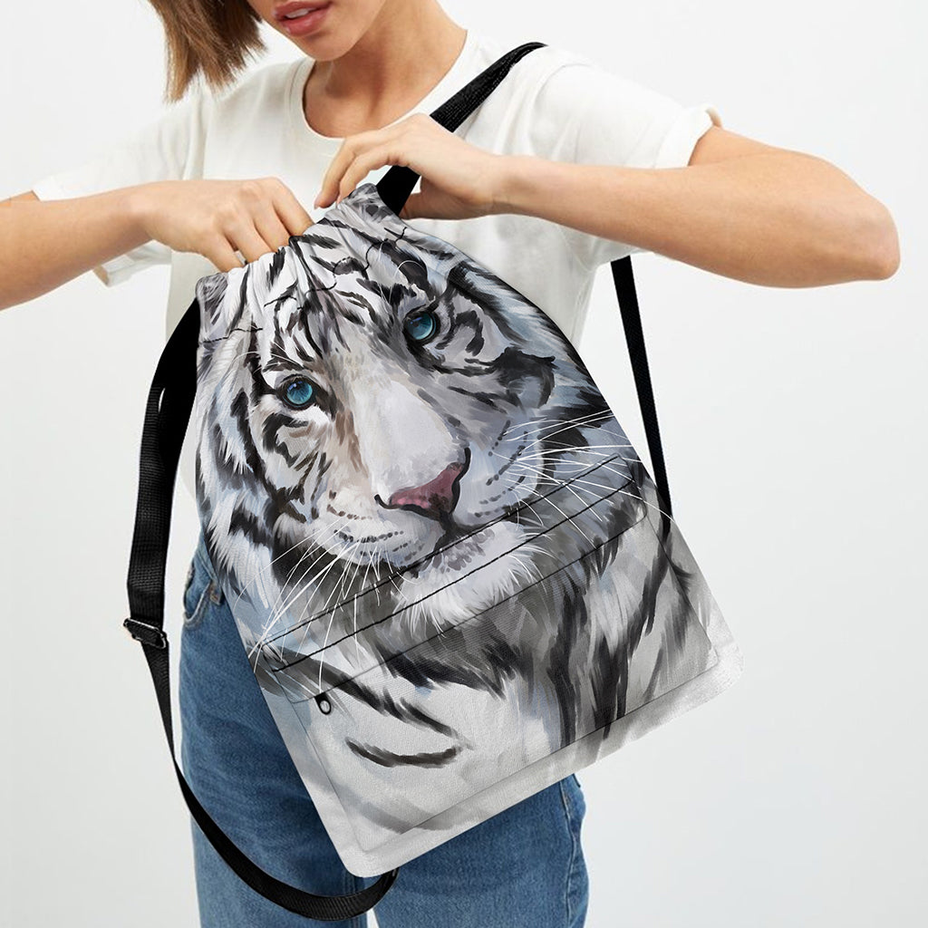 Watercolor White Bengal Tiger Print Drawstring Backpack