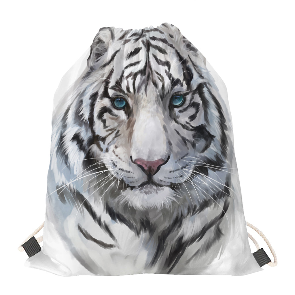 Watercolor White Bengal Tiger Print Drawstring Bag