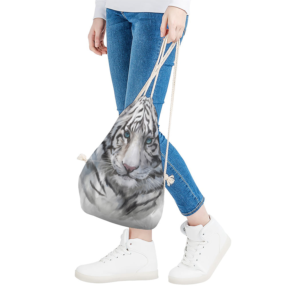 Watercolor White Bengal Tiger Print Drawstring Bag