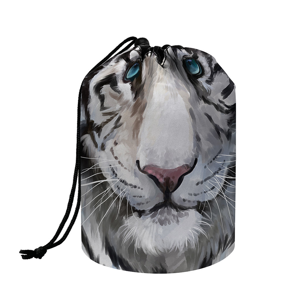 Watercolor White Bengal Tiger Print Drawstring Makeup Bag