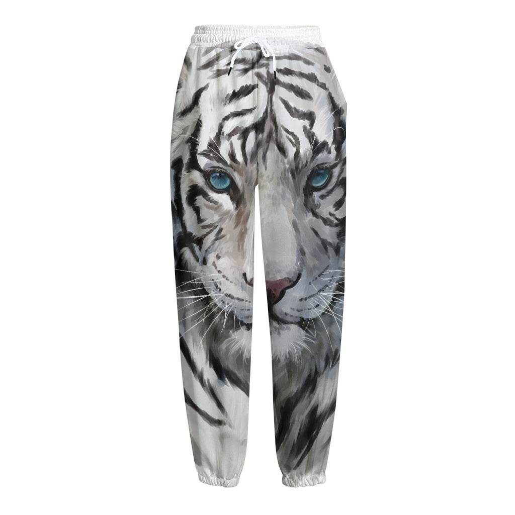 Watercolor White Bengal Tiger Print Fleece Lined Knit Pants