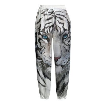 Watercolor White Bengal Tiger Print Fleece Lined Knit Pants