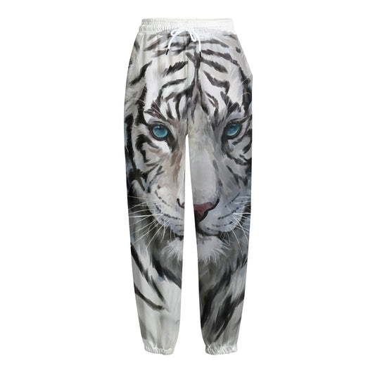 Watercolor White Bengal Tiger Print Fleece Lined Knit Pants