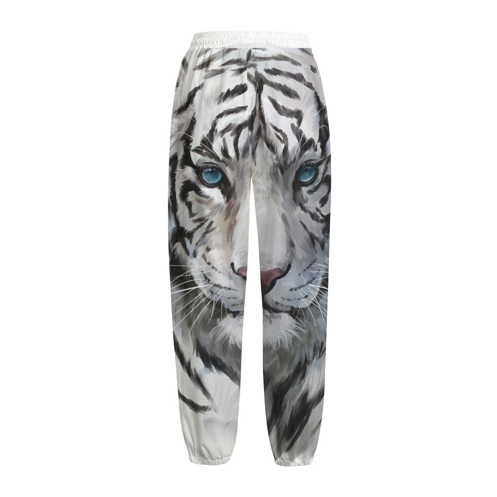 Watercolor White Bengal Tiger Print Fleece Lined Knit Pants