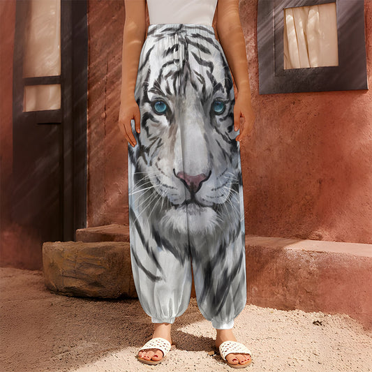 Watercolor White Bengal Tiger Print Harem Pants