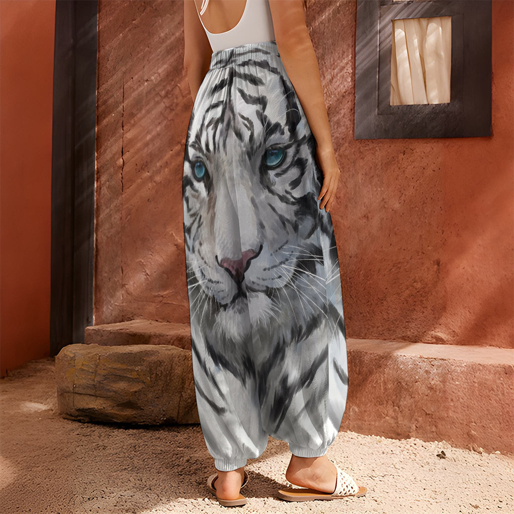 Watercolor White Bengal Tiger Print Harem Pants