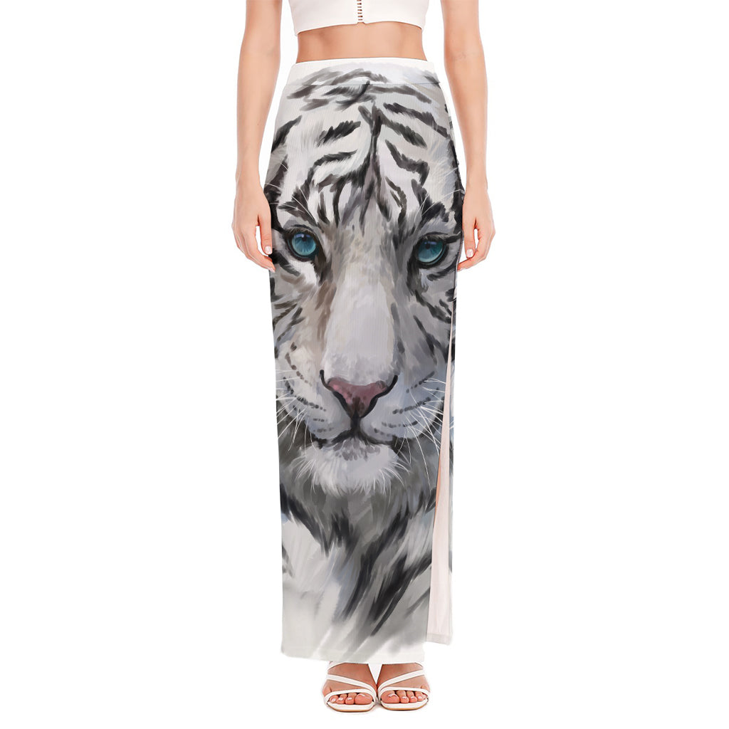 Watercolor White Bengal Tiger Print High Slit Maxi Skirt