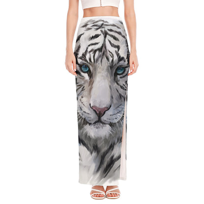 Watercolor White Bengal Tiger Print High Slit Maxi Skirt