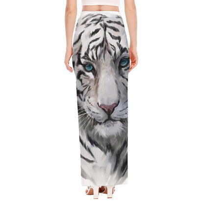 Watercolor White Bengal Tiger Print High Slit Maxi Skirt