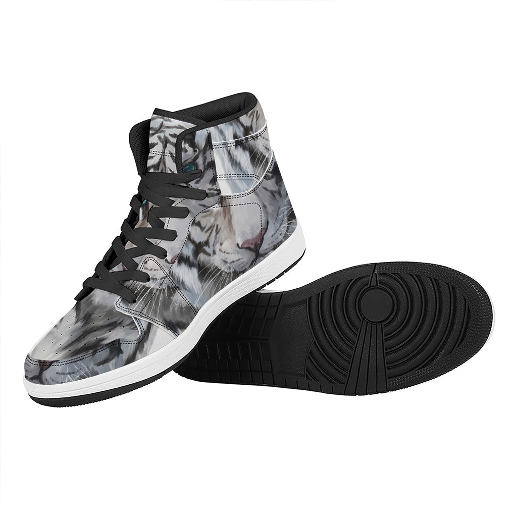 Watercolor White Bengal Tiger Print High Top Leather Sneakers